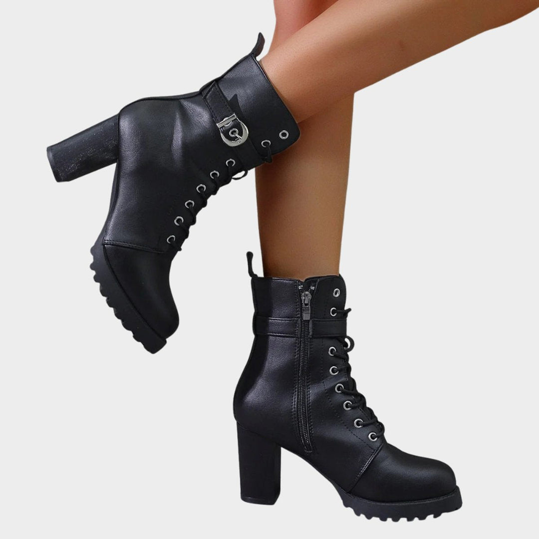Riley | Women's Lace-Up Block-Heel Combat Ankle Boots Buckle Strap