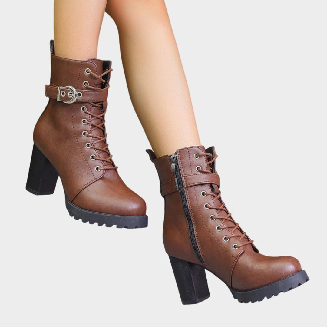 Riley | Women's Lace-Up Block-Heel Combat Ankle Boots Buckle Strap