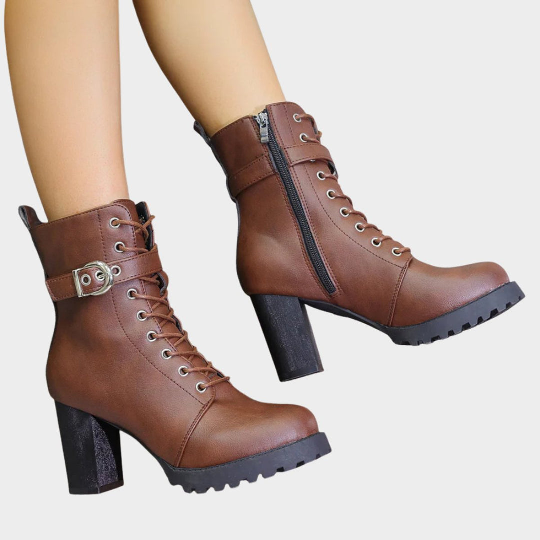 Riley | Women's Lace-Up Block-Heel Combat Ankle Boots Buckle Strap