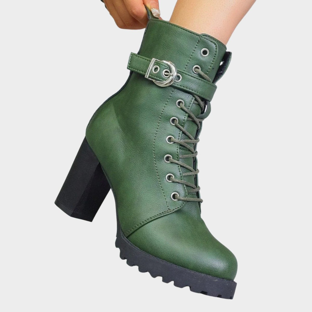 Riley | Women's Lace-Up Block-Heel Combat Ankle Boots Buckle Strap