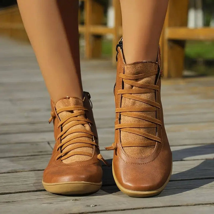 Hannah | Women's Lace-Up Side-Zip Flat Leather Ankle Boots