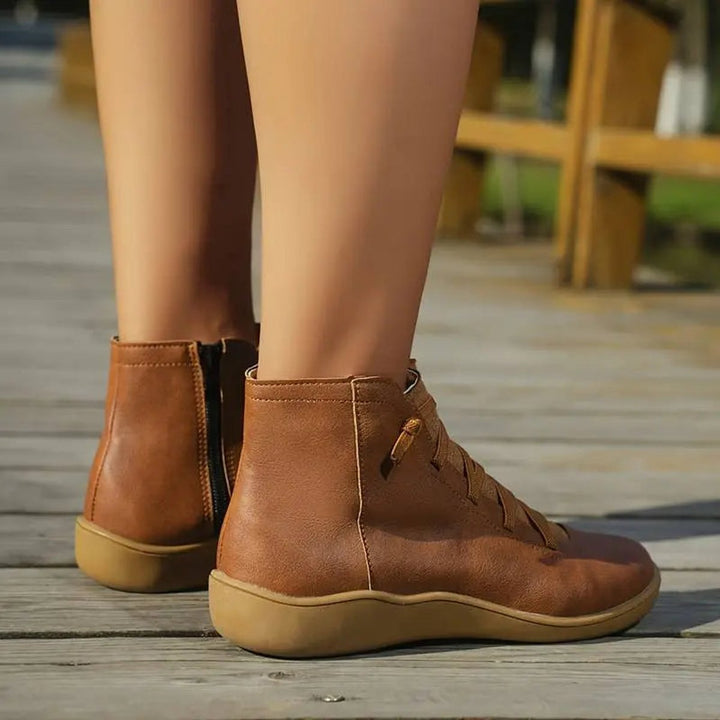 Hannah | Women's Lace-Up Side-Zip Flat Leather Ankle Boots