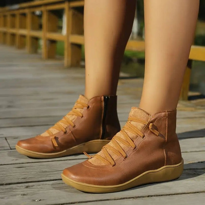 Hannah | Women's Lace-Up Side-Zip Flat Leather Ankle Boots