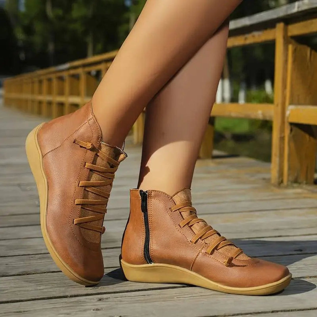 Hannah | Women's Lace-Up Side-Zip Flat Leather Ankle Boots