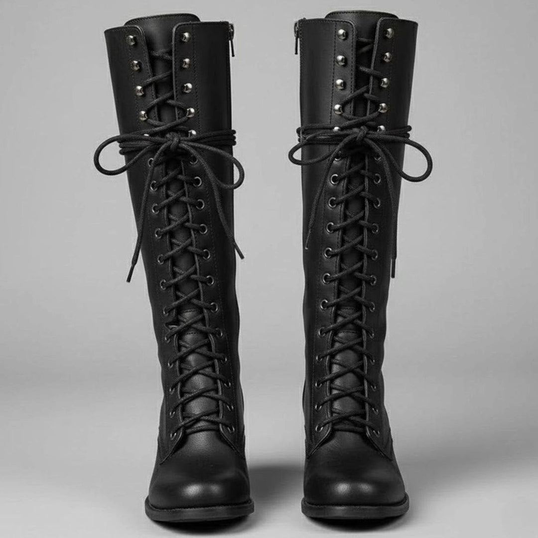 Olivia | Women's Lace-Up Studded Block Heel Knee-High Boots