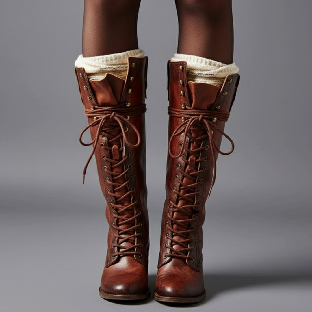 Olivia | Women's Lace-Up Studded Block Heel Knee-High Boots