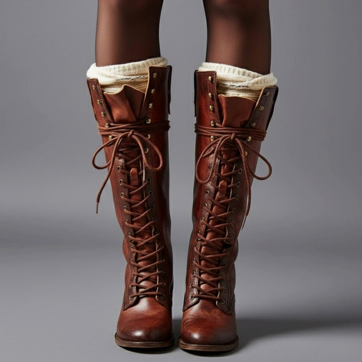 Olivia | Women's Lace-Up Studded Block Heel Knee-High Boots