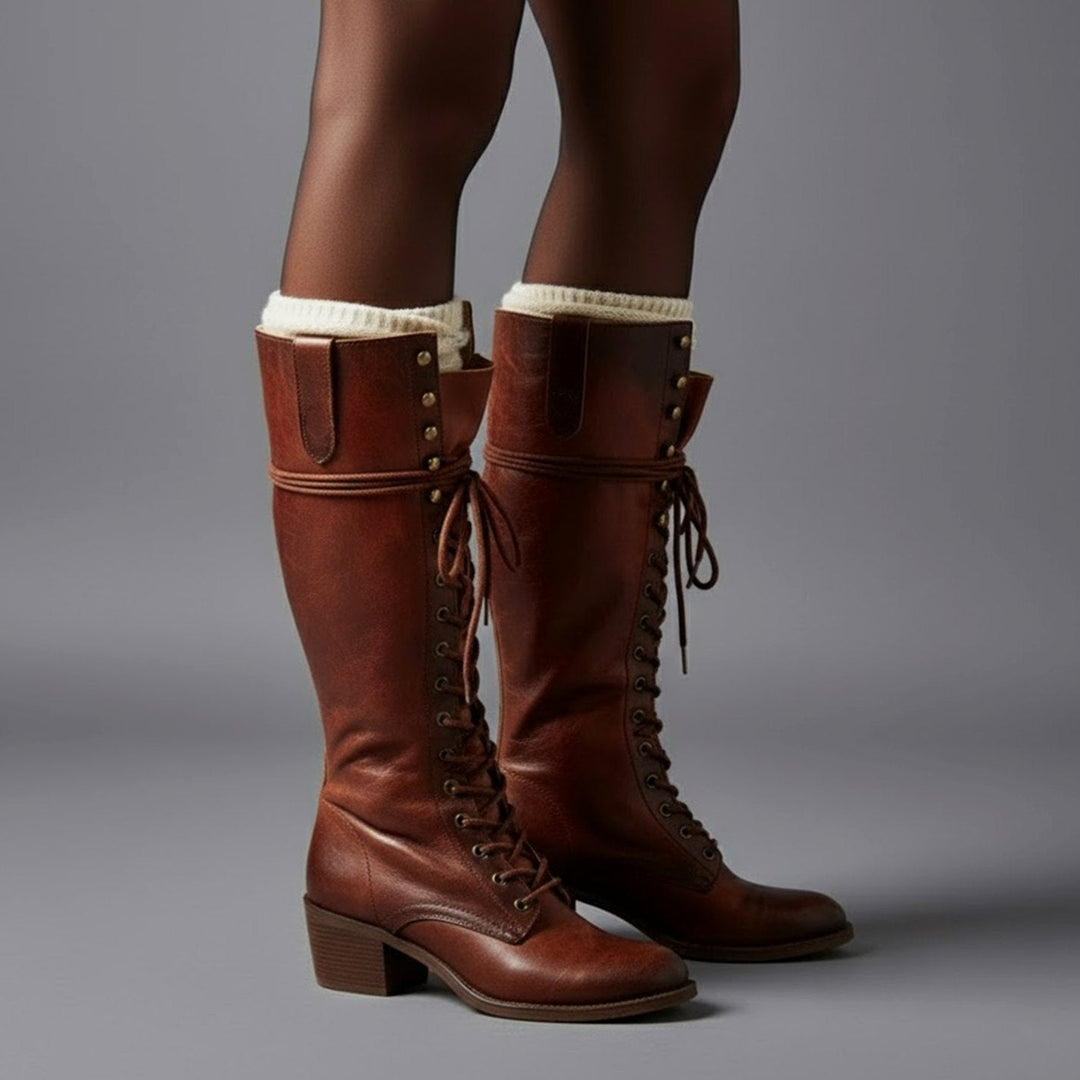 Olivia | Women's Lace-Up Studded Block Heel Knee-High Boots
