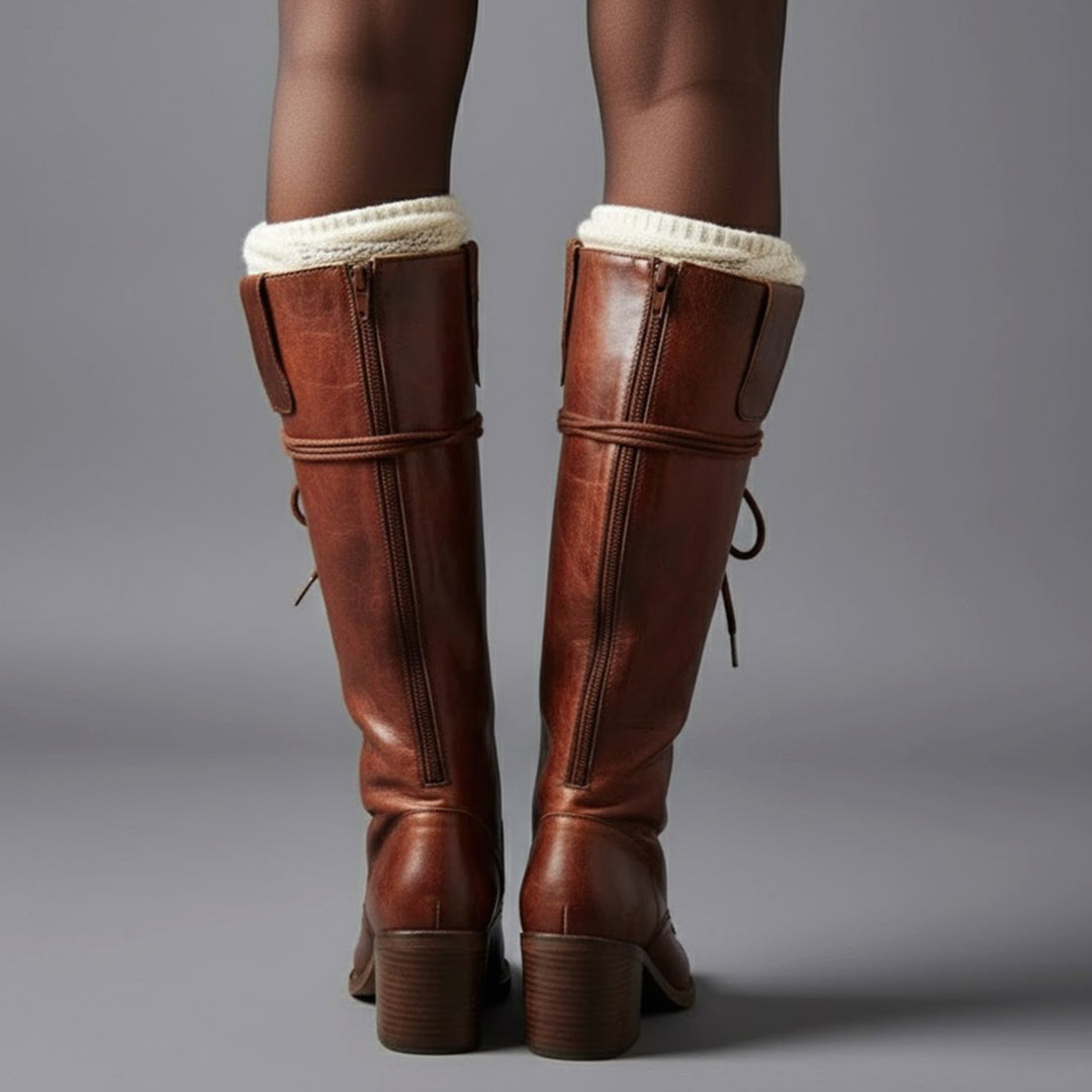 Olivia | Women's Lace-Up Studded Block Heel Knee-High Boots
