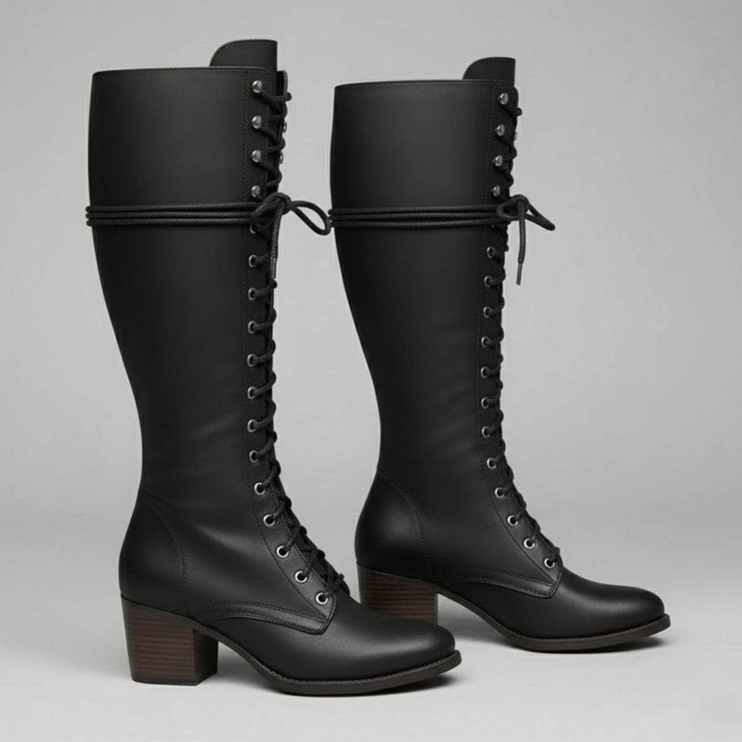 Olivia | Women's Lace-Up Studded Block Heel Knee-High Boots