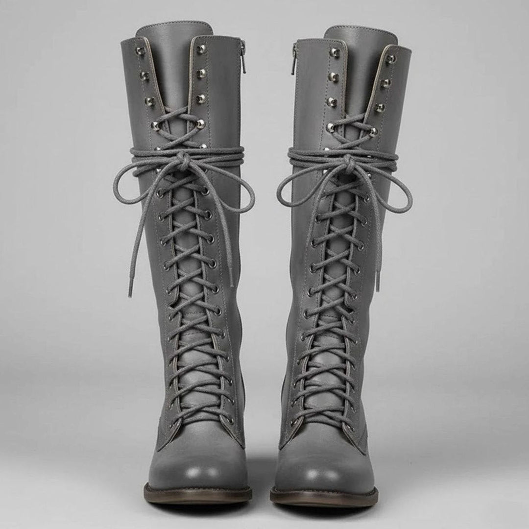 Olivia | Women's Lace-Up Studded Block Heel Knee-High Boots
