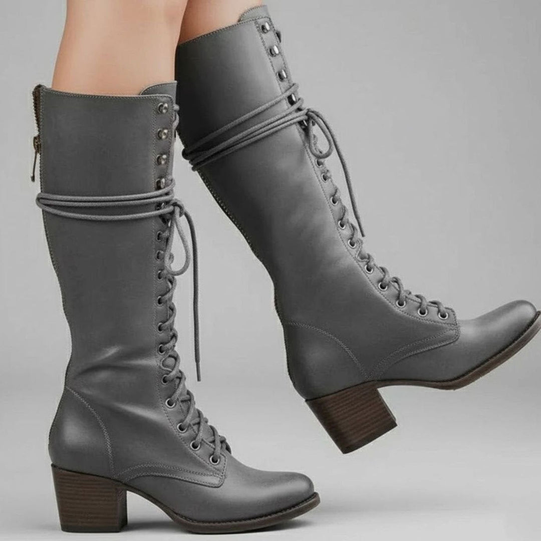 Olivia | Women's Lace-Up Studded Block Heel Knee-High Boots