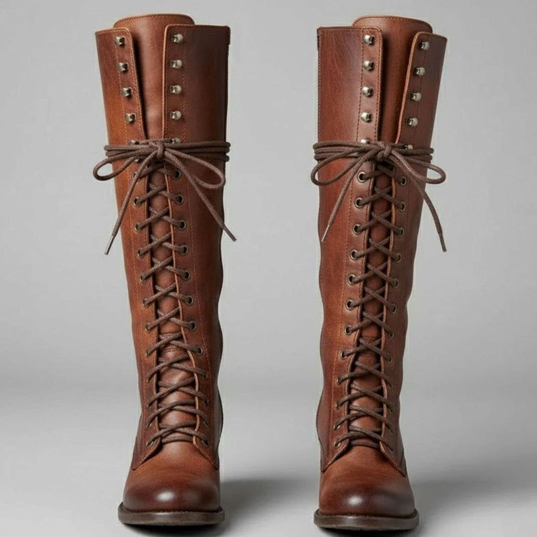 Olivia | Women's Lace-Up Studded Block Heel Knee-High Boots