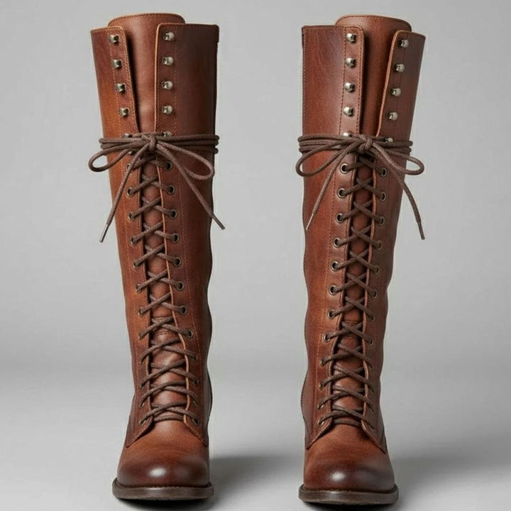 Olivia | Women's Lace-Up Studded Block Heel Knee-High Boots