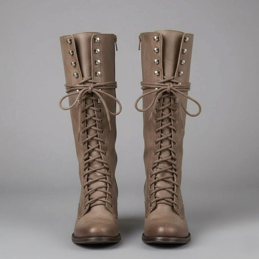 Olivia | Women's Lace-Up Studded Block Heel Knee-High Boots