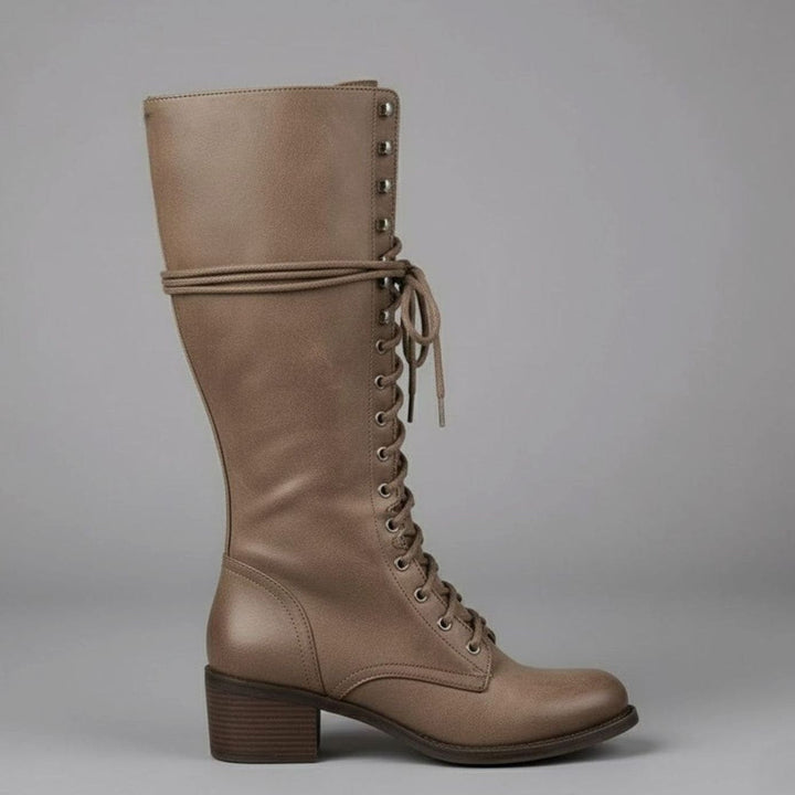 Olivia | Women's Lace-Up Studded Block Heel Knee-High Boots
