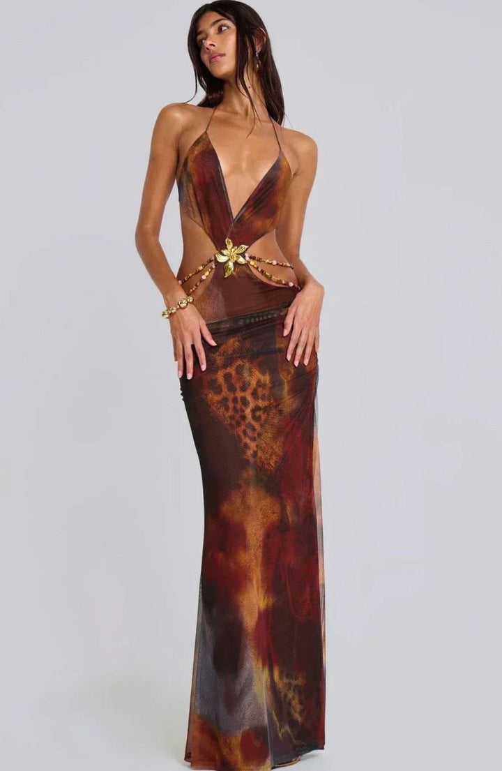Isabella | Women's Leopard Print Deep V-Neck Cut-Out Maxi Dress