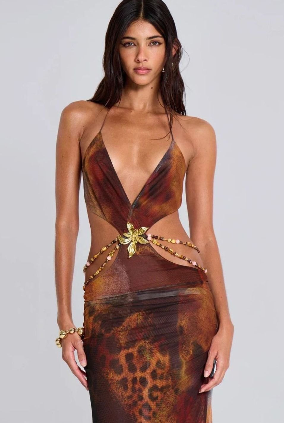 Isabella | Women's Leopard Print Deep V-Neck Cut-Out Maxi Dress