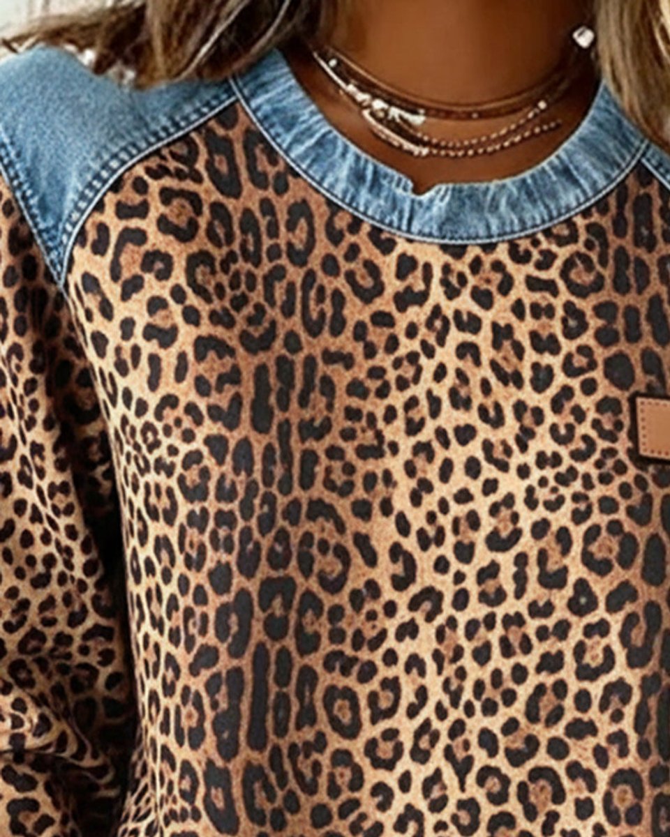 Aria | Women's Leopard Print Denim Patchwork Pullover Sweater