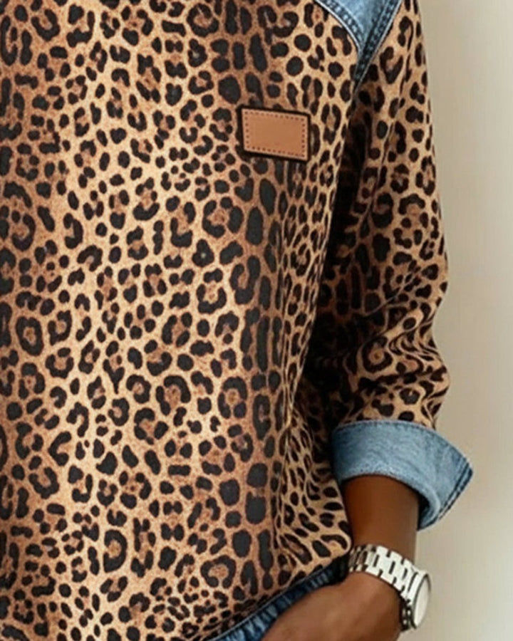 Aria | Women's Leopard Print Denim Patchwork Pullover Sweater