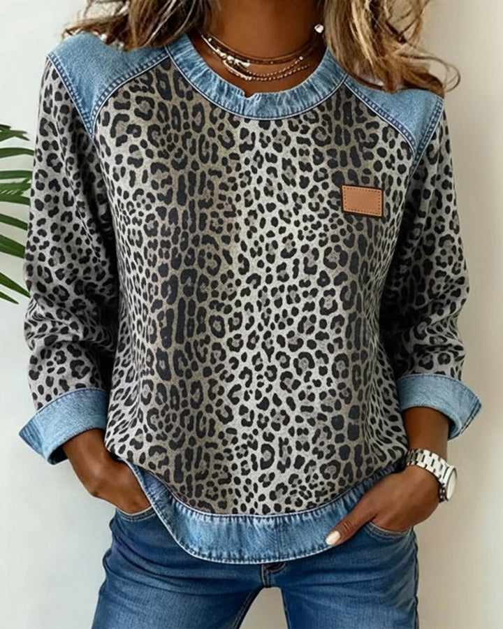 Aria | Women's Leopard Print Denim Patchwork Pullover Sweater