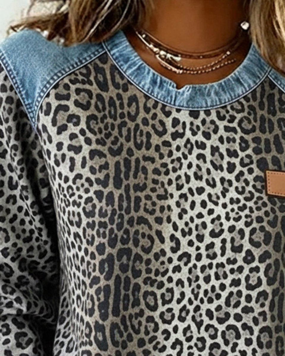 Aria | Women's Leopard Print Denim Patchwork Pullover Sweater