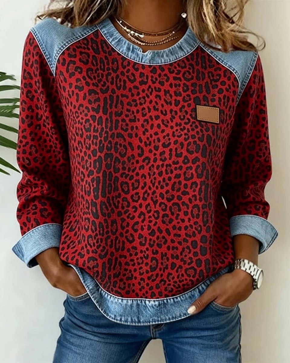 Aria | Women's Leopard Print Denim Patchwork Pullover Sweater