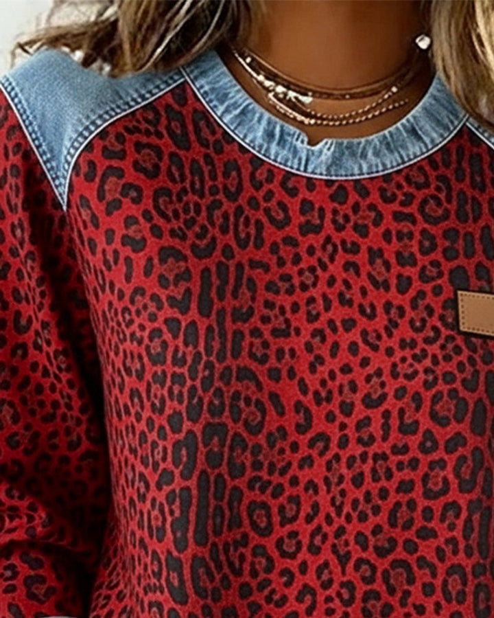 Aria | Women's Leopard Print Denim Patchwork Pullover Sweater