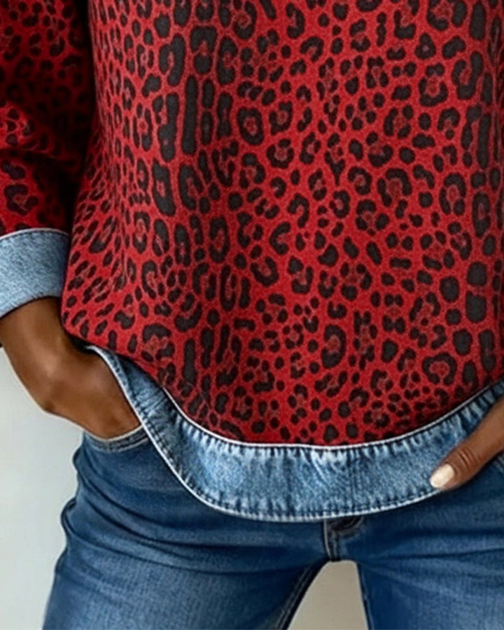 Aria | Women's Leopard Print Denim Patchwork Pullover Sweater