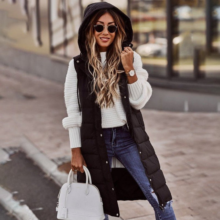 Evelyn | Women's Long Hooded Quilted Sleeveless Puffer Vest