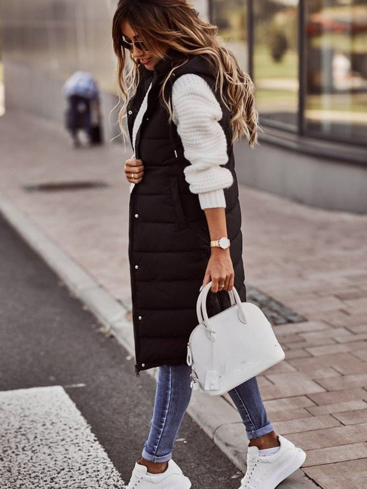 Evelyn | Women's Long Hooded Quilted Sleeveless Puffer Vest