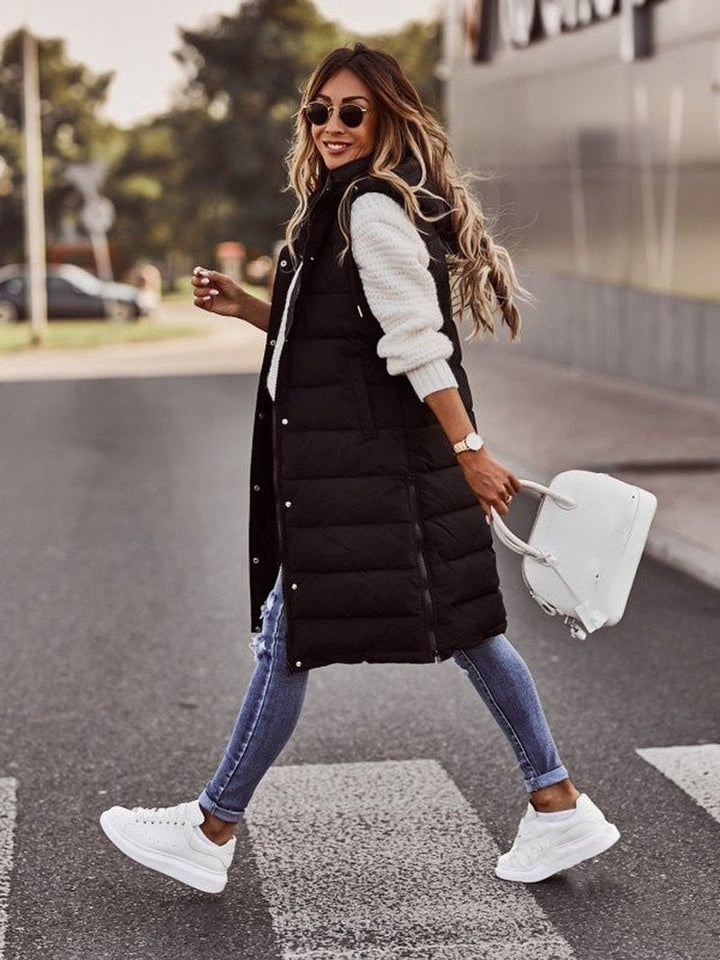 Evelyn | Women's Long Hooded Quilted Sleeveless Puffer Vest