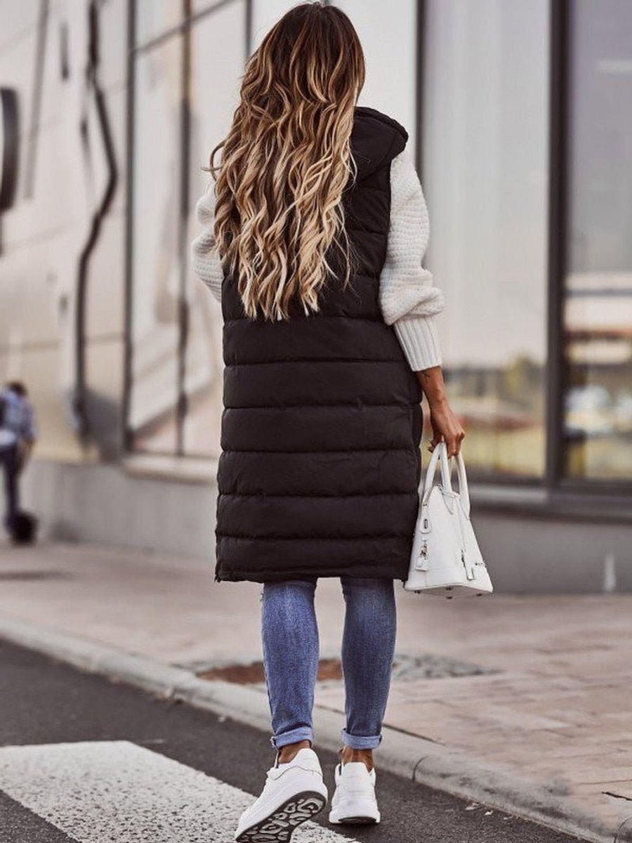 Evelyn | Women's Long Hooded Quilted Sleeveless Puffer Vest