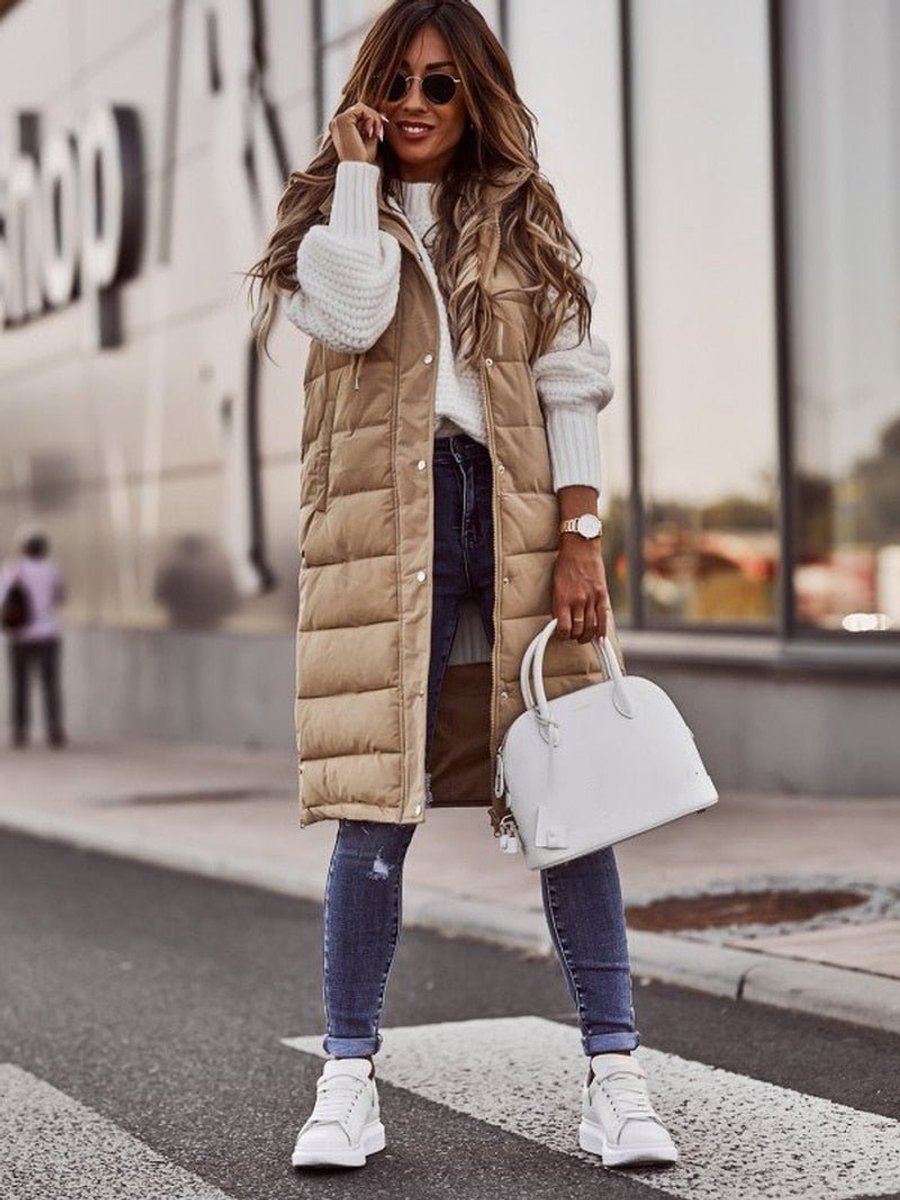 Evelyn | Women's Long Hooded Quilted Sleeveless Puffer Vest