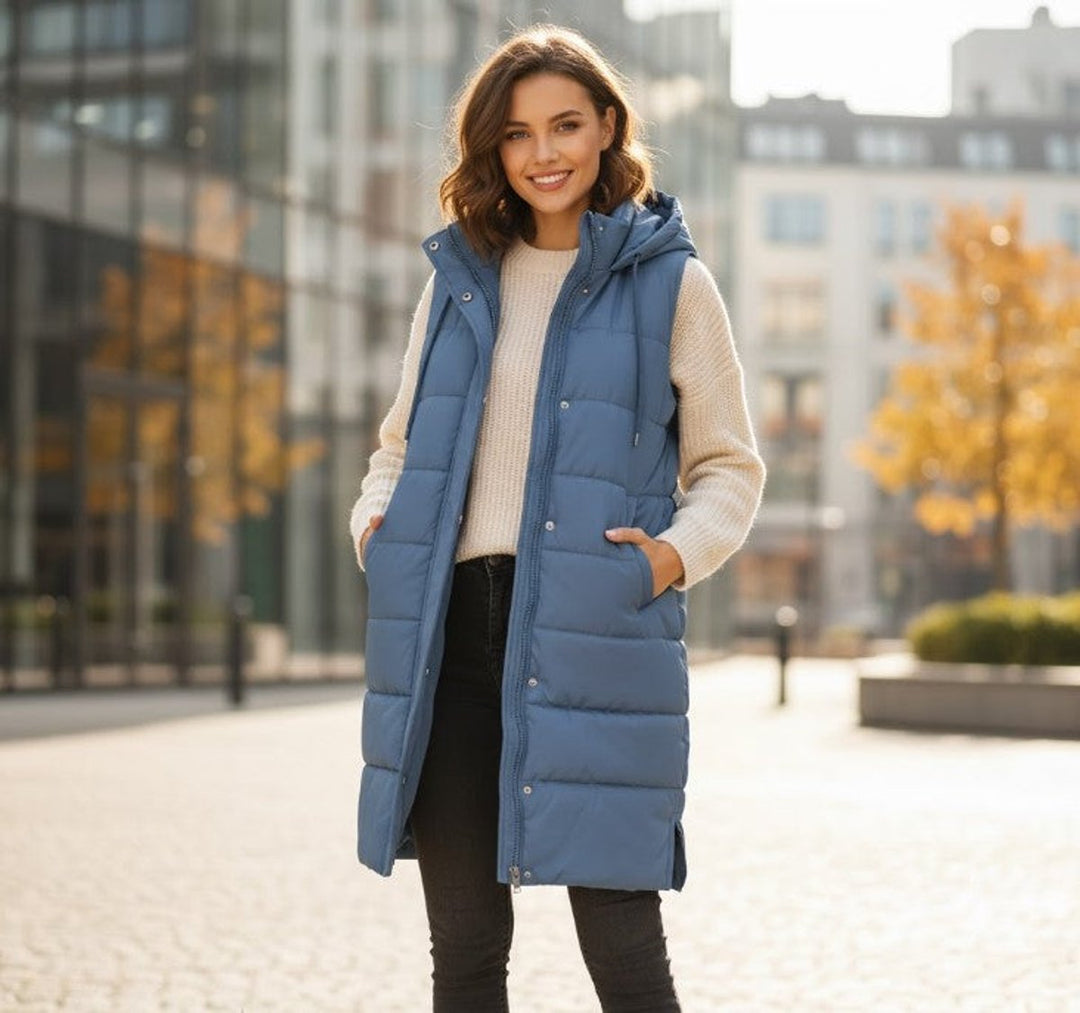 Evelyn | Women's Long Hooded Quilted Sleeveless Puffer Vest