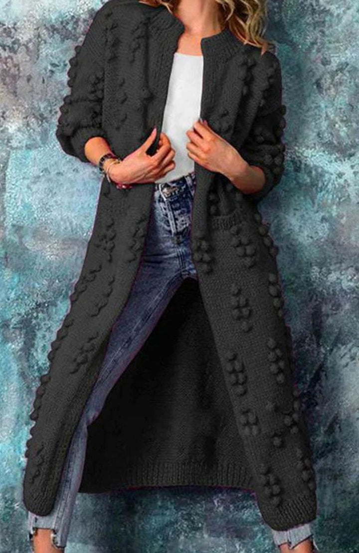 Riley | Women's Long Pom-Detail Open-Front Knitted Cardigan Sweater