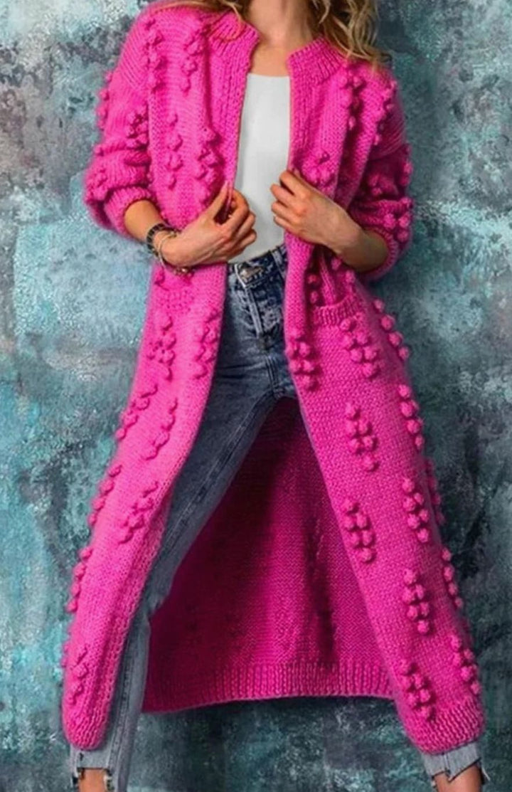 Riley | Women's Long Pom-Detail Open-Front Knitted Cardigan Sweater