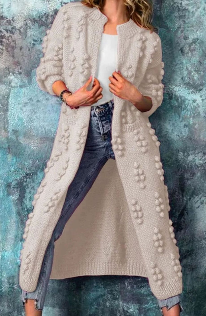 Riley | Women's Long Pom-Detail Open-Front Knitted Cardigan Sweater
