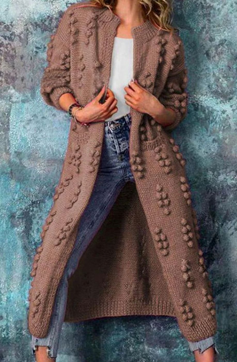 Riley | Women's Long Pom-Detail Open-Front Knitted Cardigan Sweater