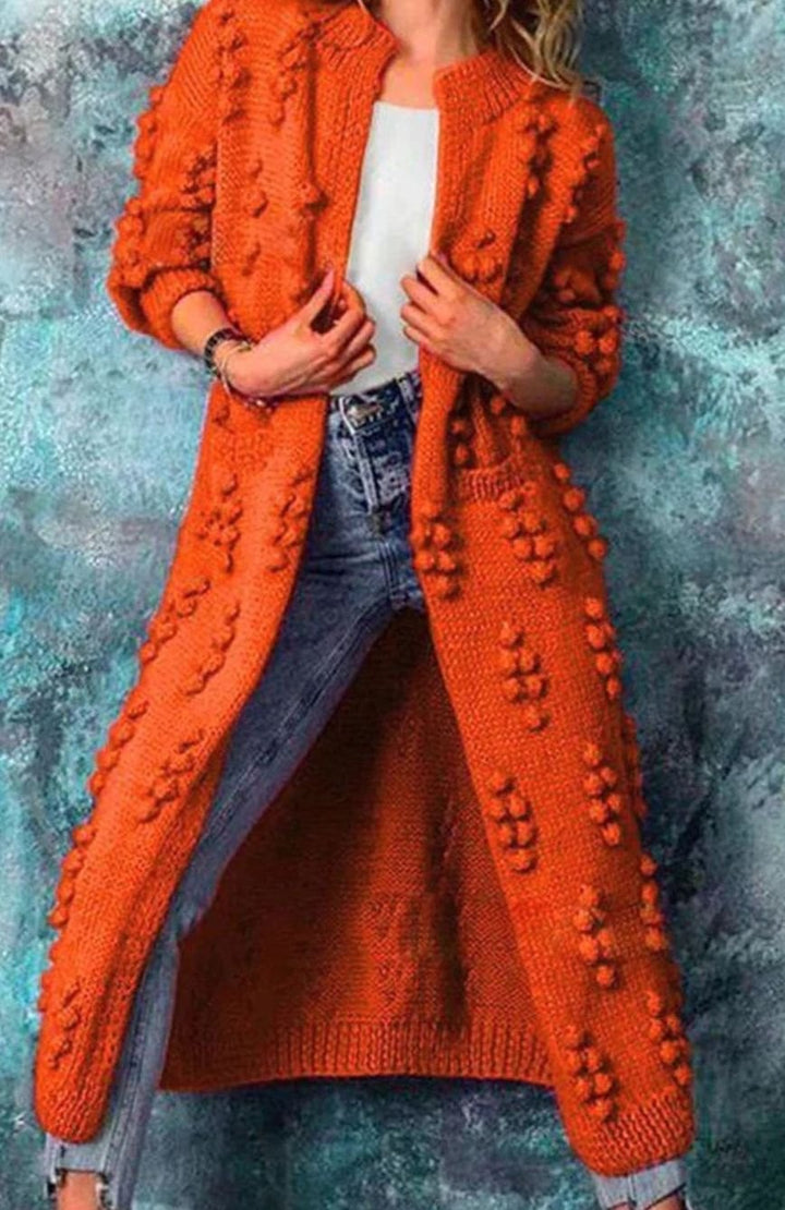 Riley | Women's Long Pom-Detail Open-Front Knitted Cardigan Sweater