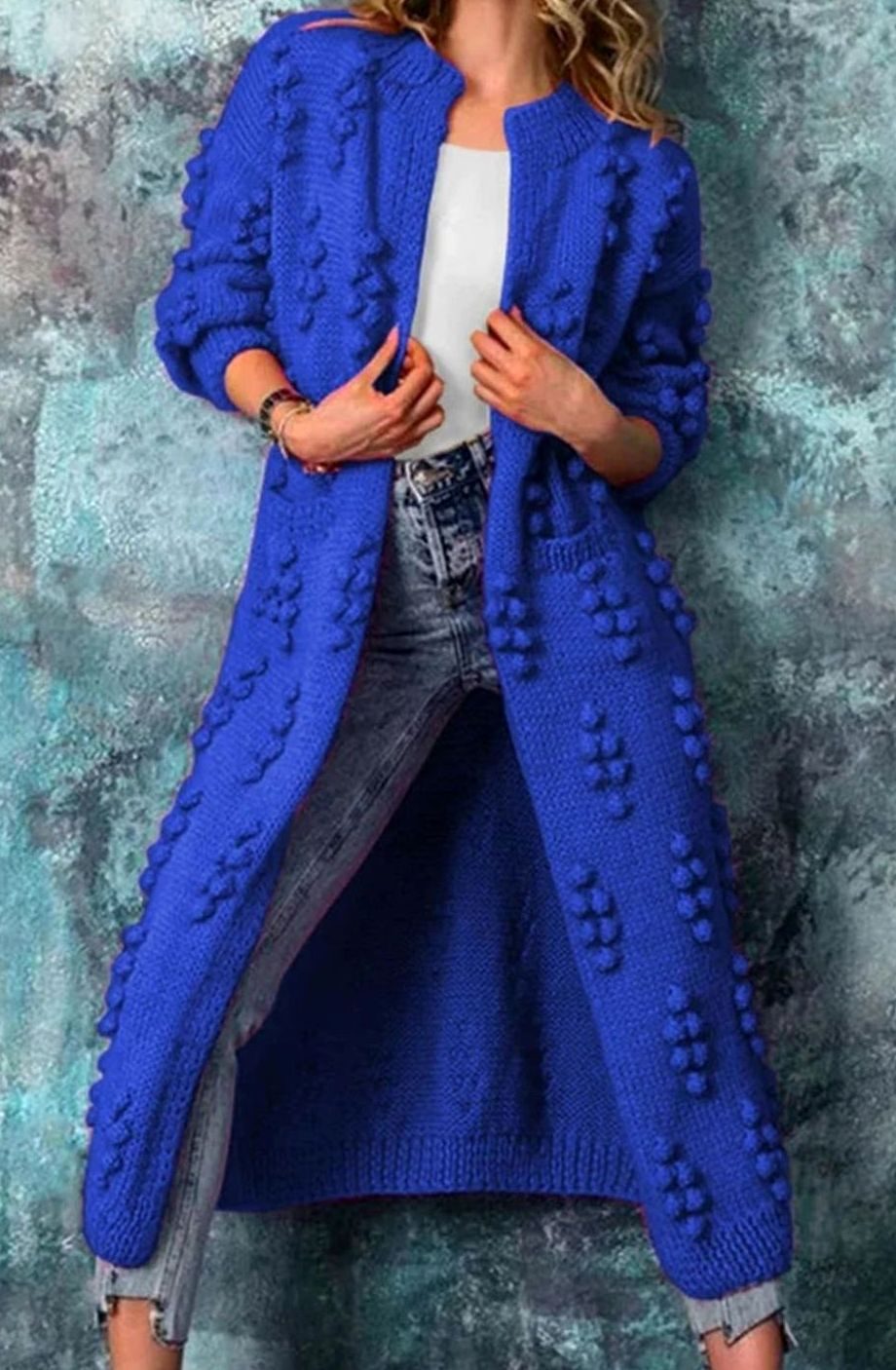 Riley | Women's Long Pom-Detail Open-Front Knitted Cardigan Sweater