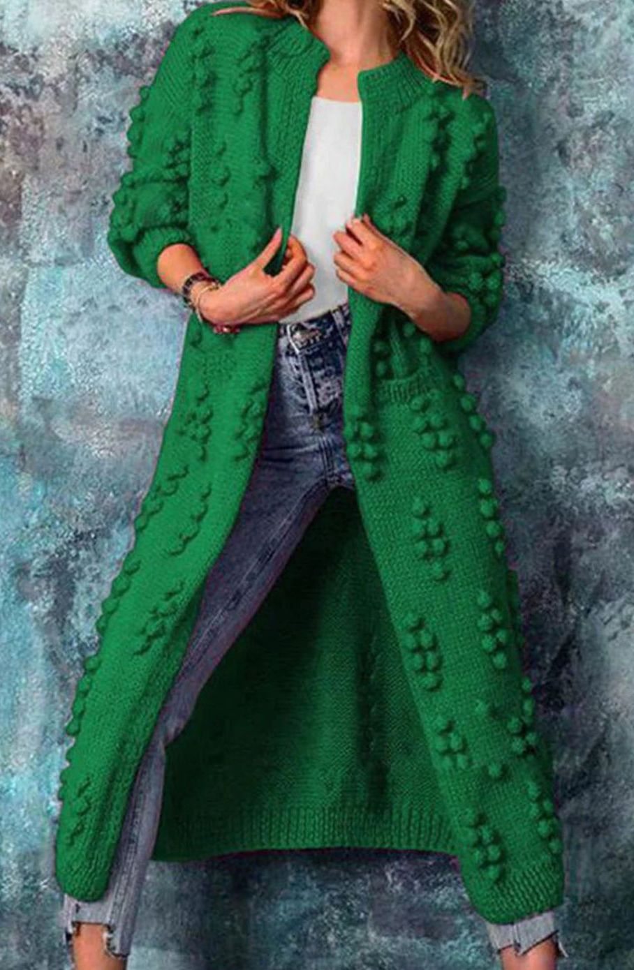 Riley | Women's Long Pom-Detail Open-Front Knitted Cardigan Sweater
