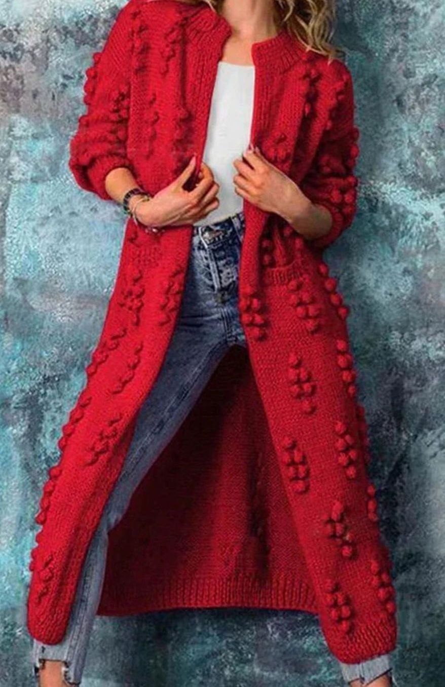 Riley | Women's Long Pom-Detail Open-Front Knitted Cardigan Sweater