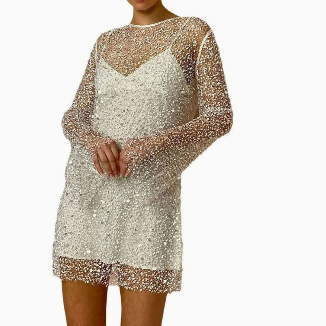 Hannah | Women's Long-Sleeve Sequin Mini Dress Sparkly Evening Bodycon