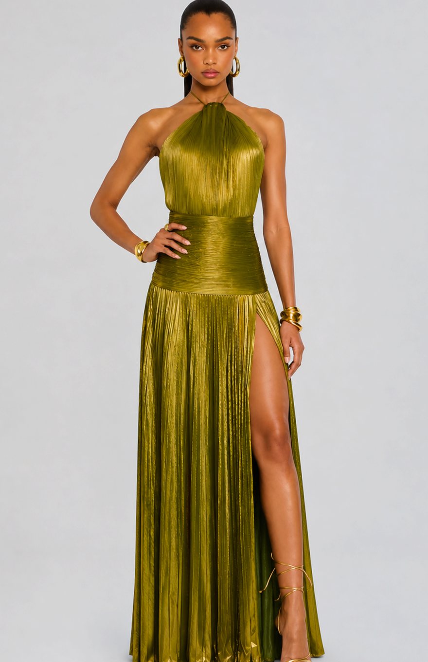 Emma | Women's Metallic Halter Maxi Dress Pleated High-Slit Backless Gown