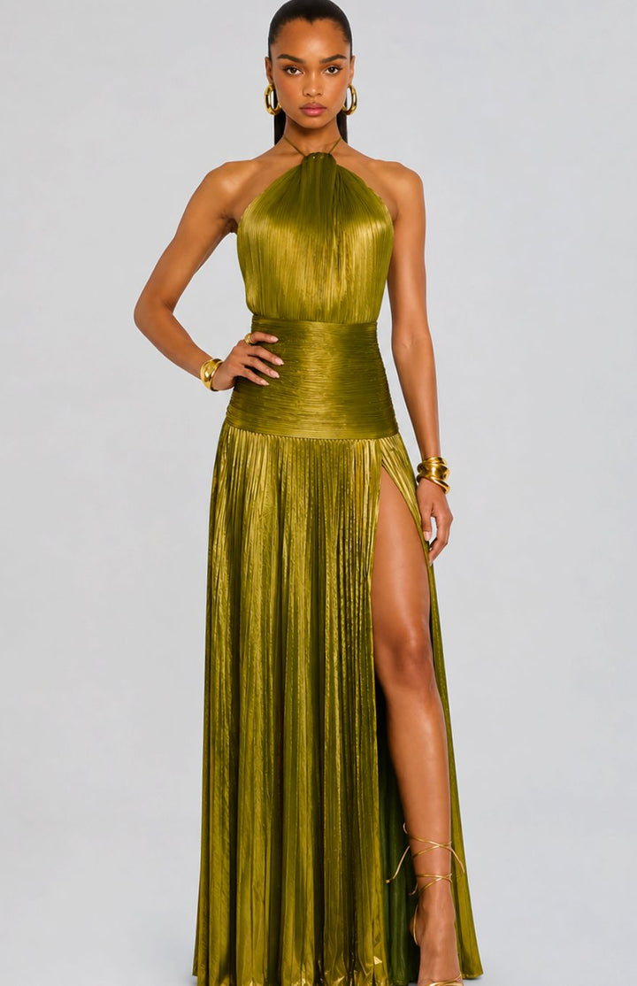 Emma | Women's Metallic Halter Maxi Dress Pleated High-Slit Backless Gown