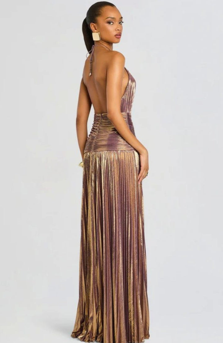 Emma | Women's Metallic Halter Maxi Dress Pleated High-Slit Backless Gown