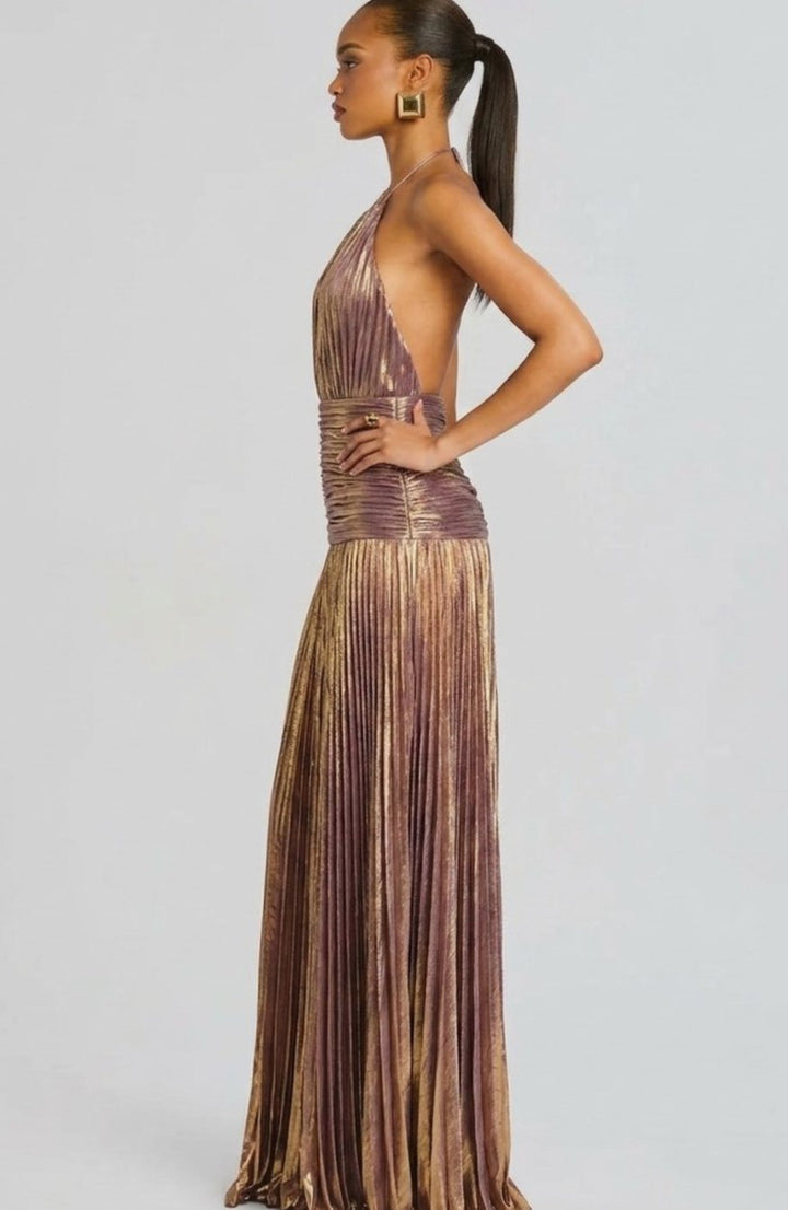 Emma | Women's Metallic Halter Maxi Dress Pleated High-Slit Backless Gown