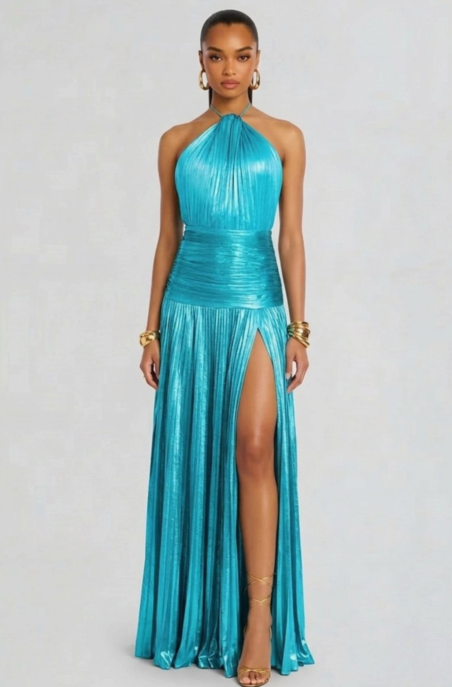 Emma | Women's Metallic Halter Maxi Dress Pleated High-Slit Backless Gown