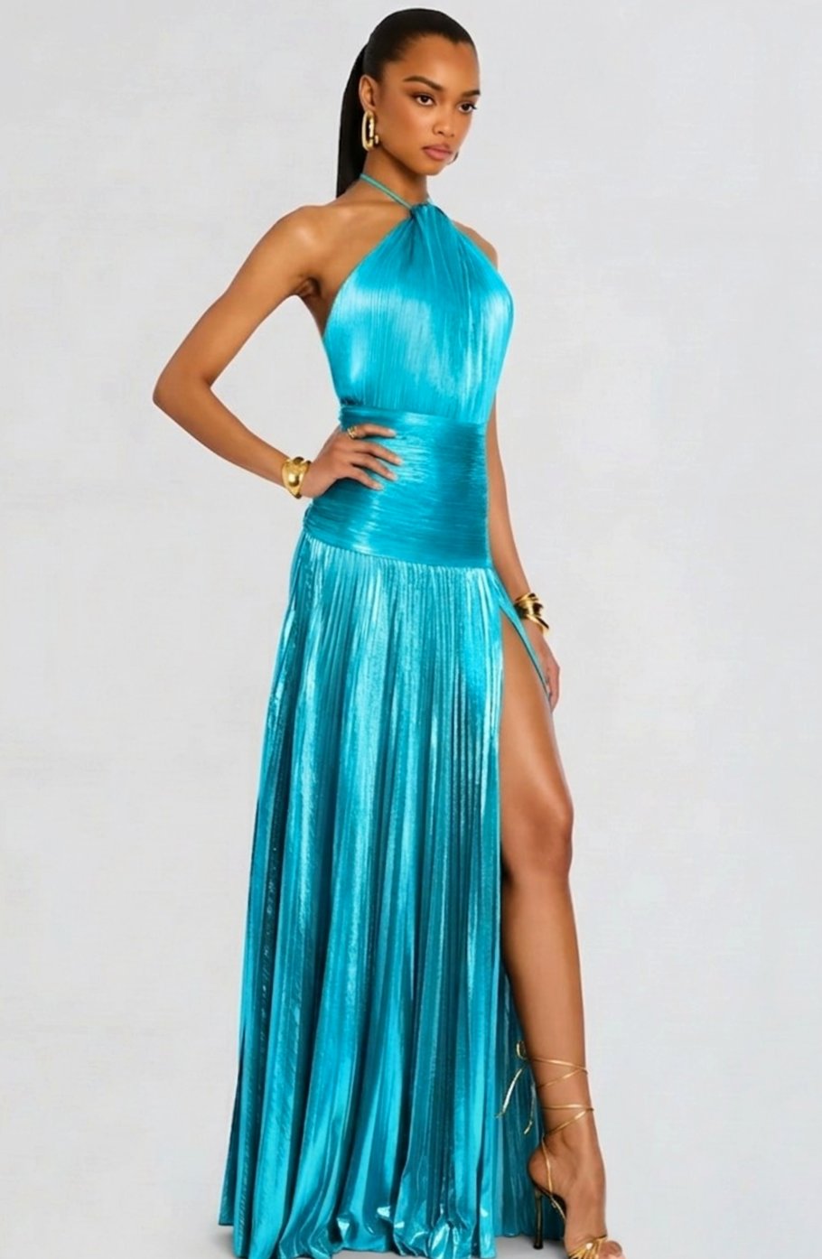Emma | Women's Metallic Halter Maxi Dress Pleated High-Slit Backless Gown